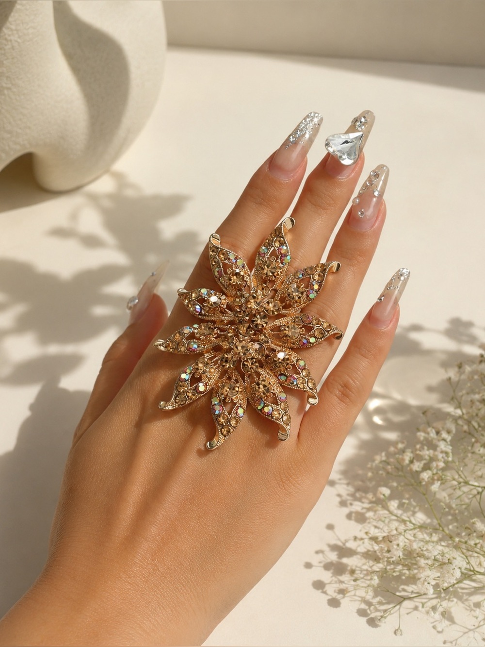 Gold Floral Statement Ring | Crystal Rhinestone Adjustable Cocktail Ring